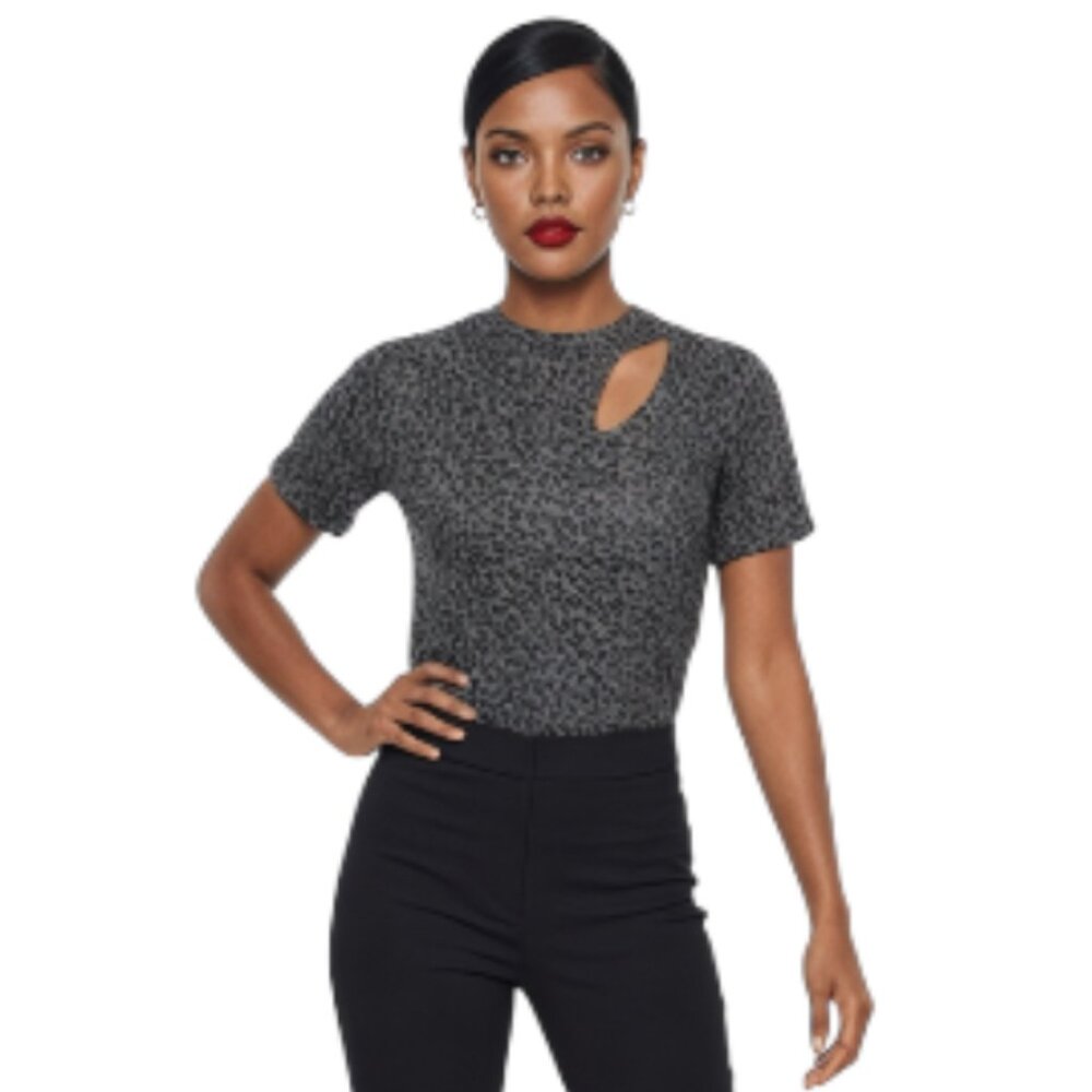 LNA XXS Animal Print Mock Neck Short Sleeve Burnout Chest Cutout Top